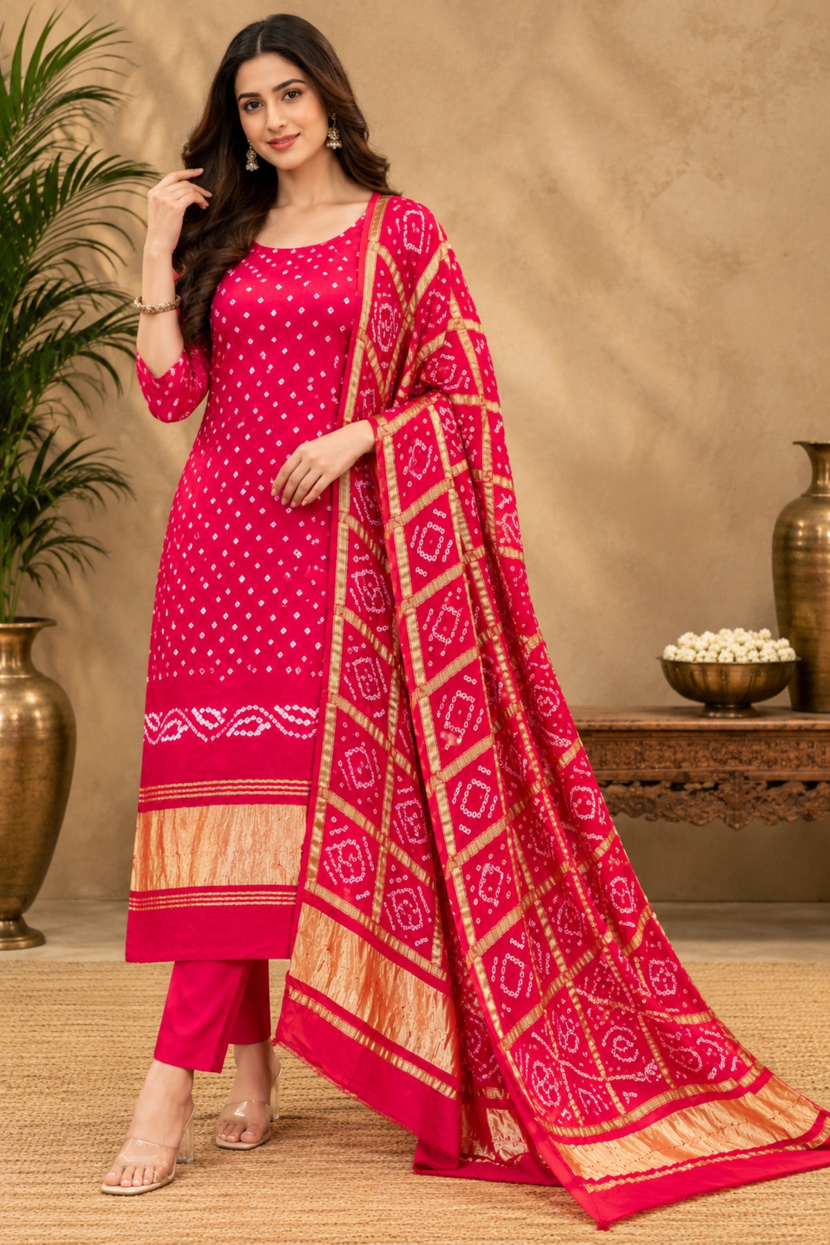 Rani Pink Handcrafted Bandhani & Gharchola Zari Pure Modal Silk Unstitched Suit Set