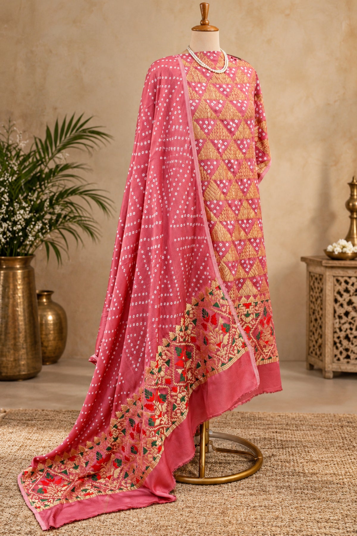 Rose Pink Handcrafted Bandhani & Meenakari Zari Weave Pure Modal Silk Unstitched Suit Set