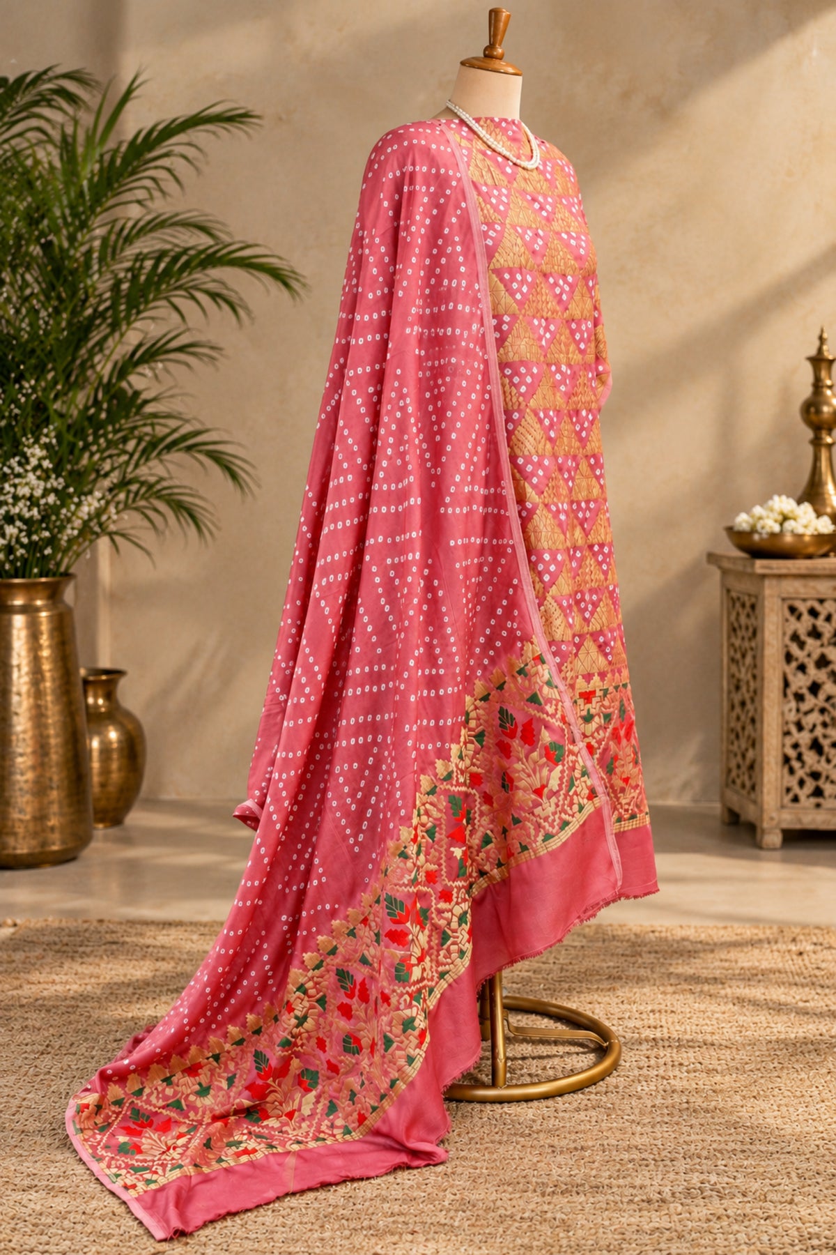 Rose Pink Handcrafted Bandhani & Meenakari Zari Weave Pure Modal Silk Unstitched Suit Set