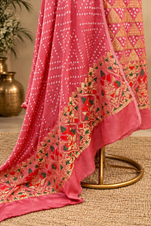 Rose Pink Handcrafted Bandhani & Meenakari Zari Weave Pure Modal Silk Unstitched Suit Set