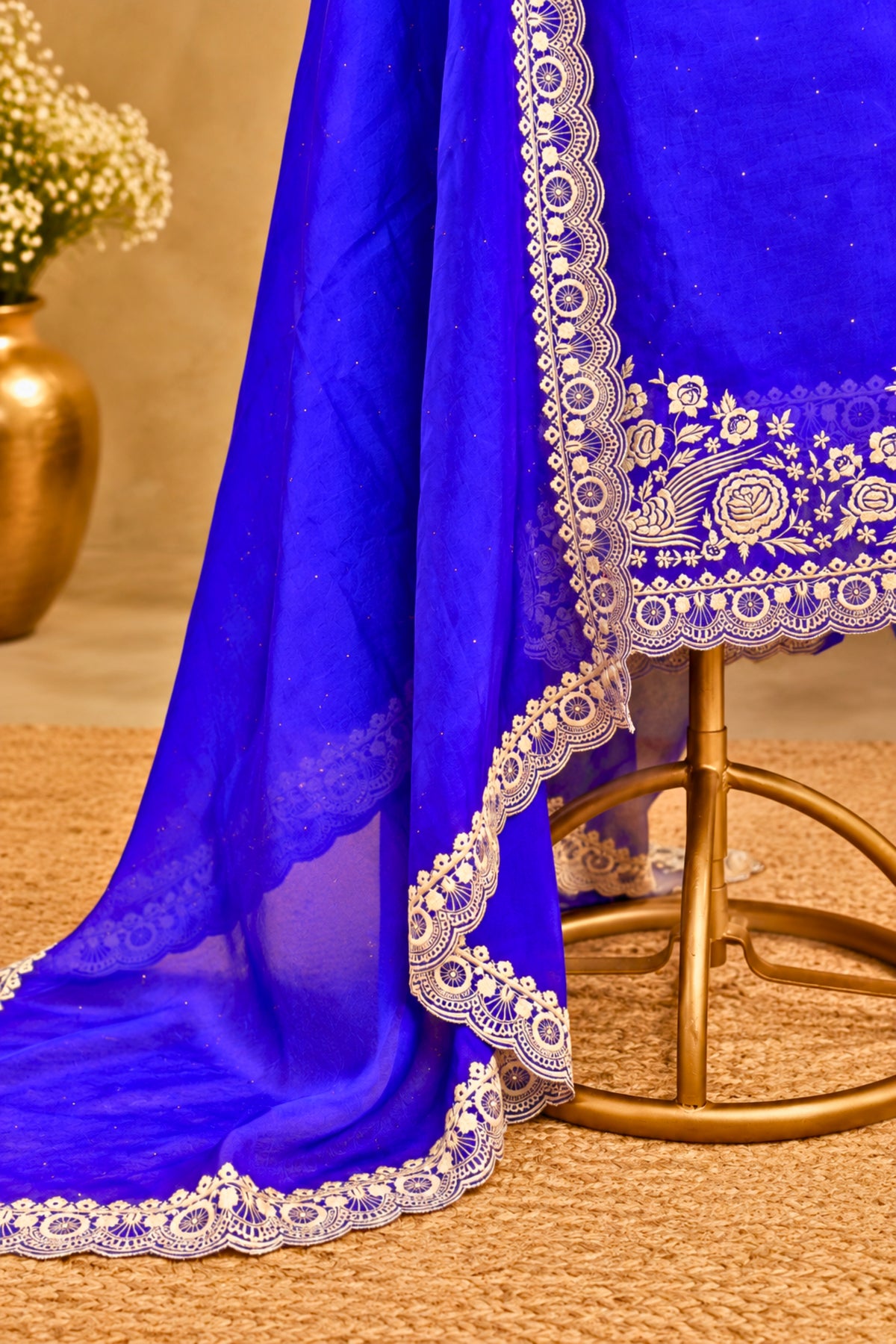 Royal Blue Premium Organza Unstitched Suit Set with Crepe Bottom & Resham Threadwork