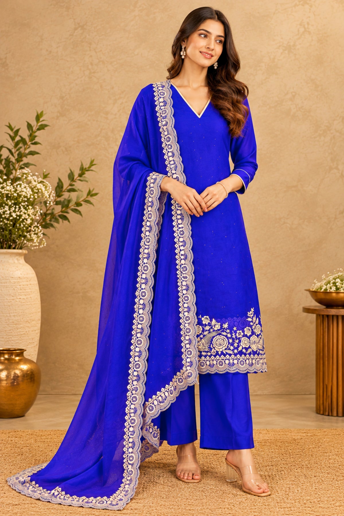 Royal Blue Premium Organza Unstitched Suit Set with Crepe Bottom & Resham Threadwork