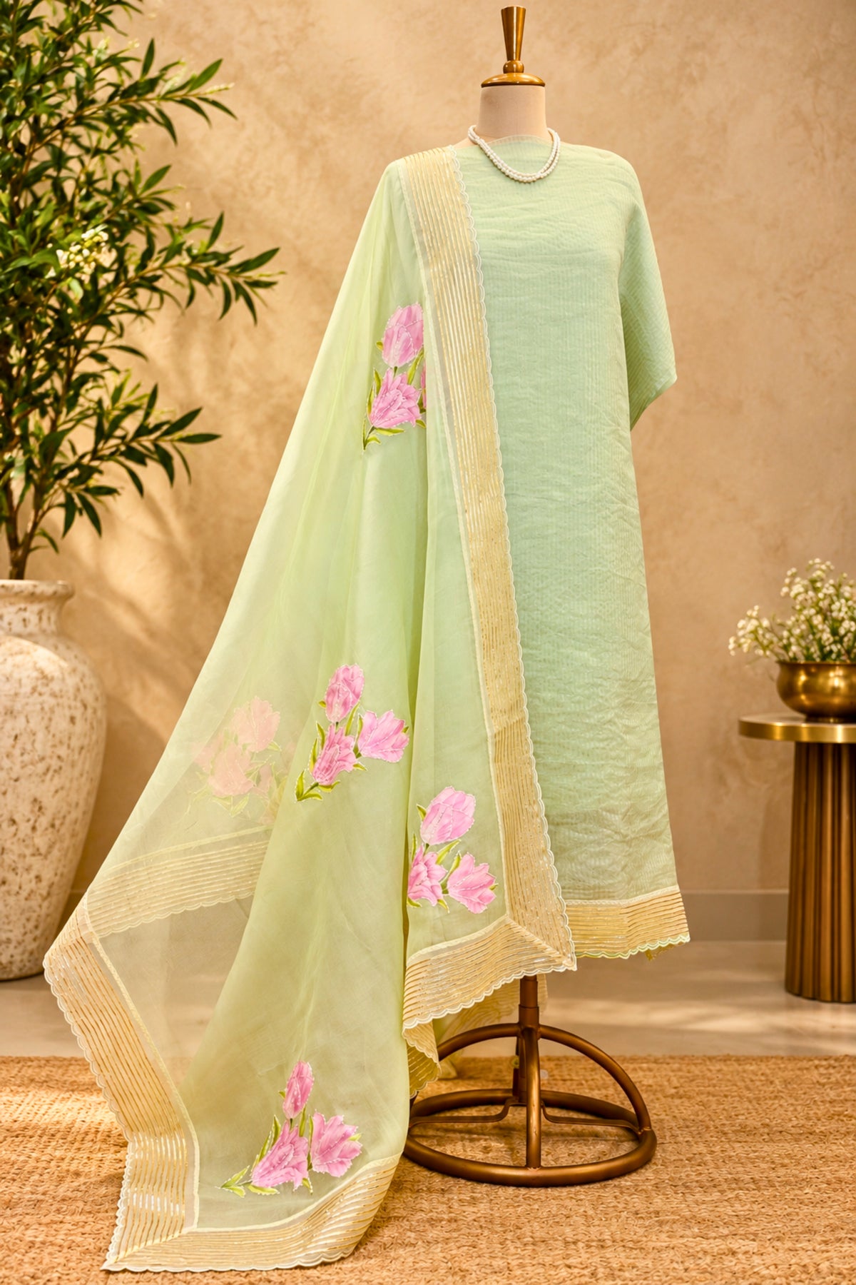 Ethereal Sea Green Stripe Organza Unstitched Suit Set with Crepe Bottom & Pink Floral Appliqué