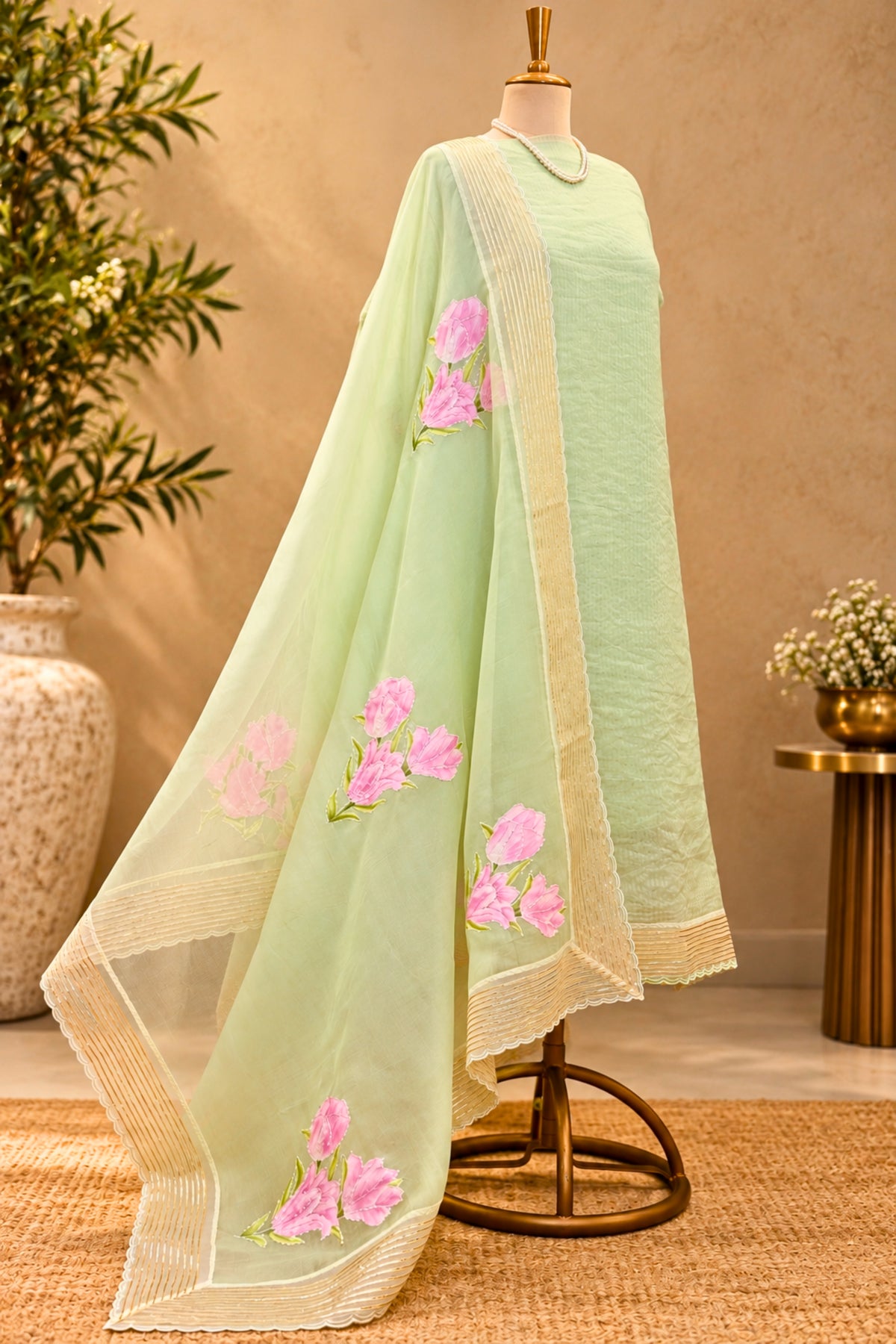 Ethereal Sea Green Stripe Organza Unstitched Suit Set with Crepe Bottom & Pink Floral Appliqué