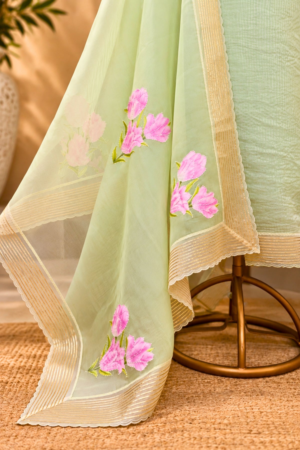 Ethereal Sea Green Stripe Organza Unstitched Suit Set with Crepe Bottom & Pink Floral Appliqué