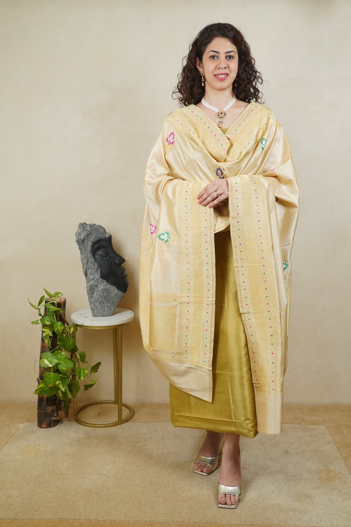Pista Green Pure Silk Unstitched Suit Set with Gold Banarasi Dupatta