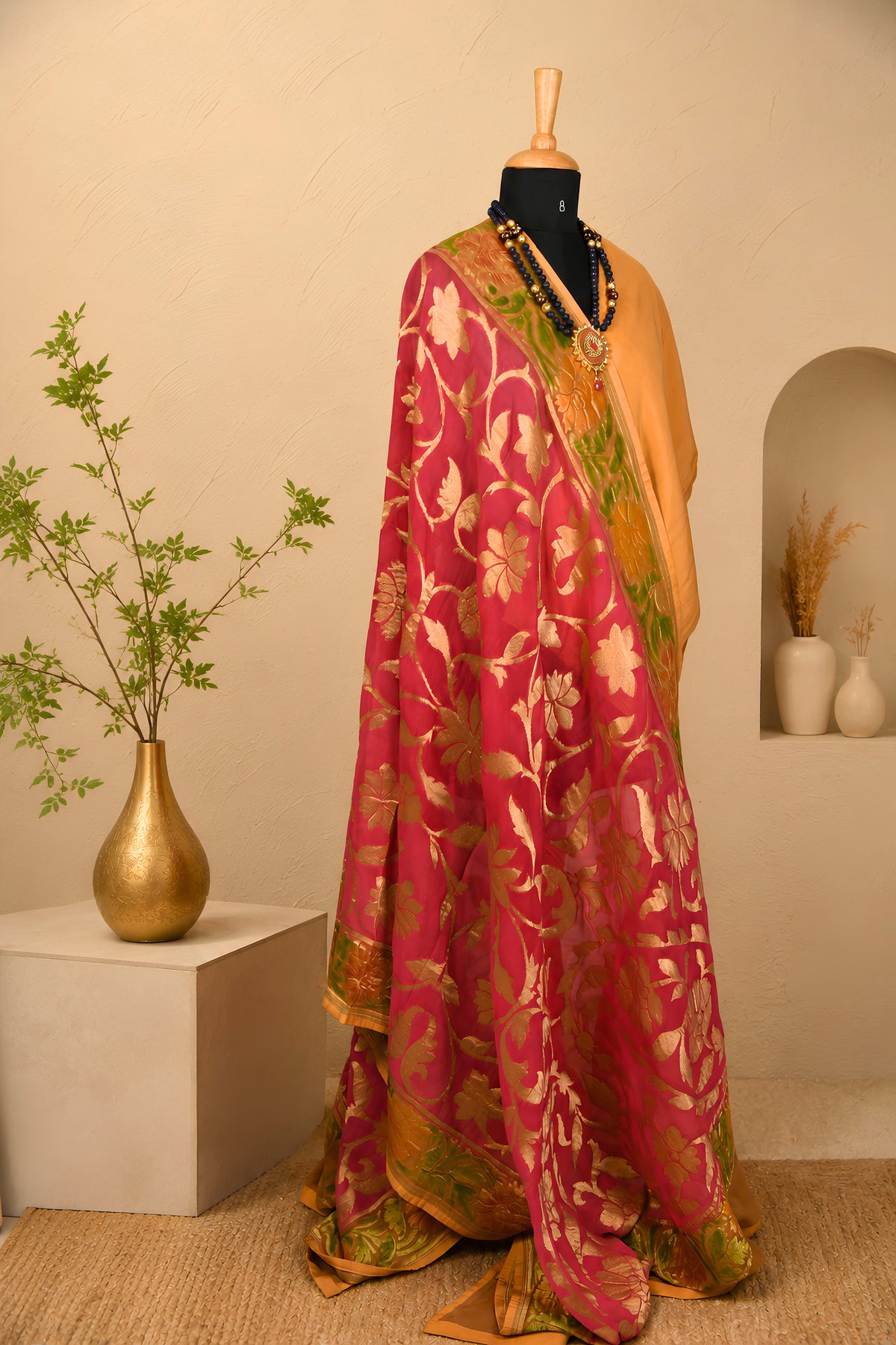 Beige Crepe Unstitched Suit Set with Pink Banarasi Georgette Jal Weave Dupatta