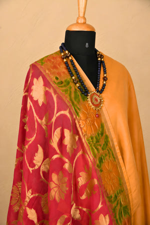Beige Crepe Unstitched Suit Set with Pink Banarasi Georgette Jal Weave Dupatta