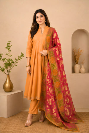 Beige Crepe Unstitched Suit Set with Pink Banarasi Georgette Jal Weave Dupatta