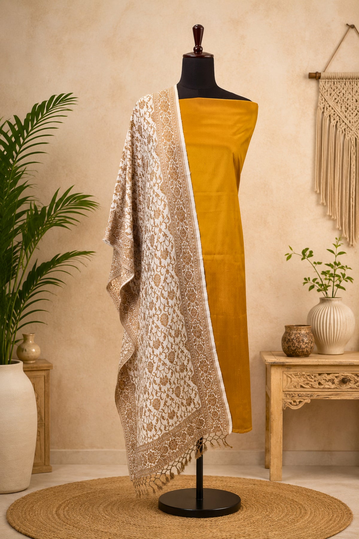 Golden Mustard Silk Unstitched Suit Set with Antique Weave Moonga Silk Stole Dupatta