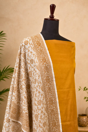 Golden Mustard Silk Unstitched Suit Set with Antique Weave Moonga Silk Stole Dupatta