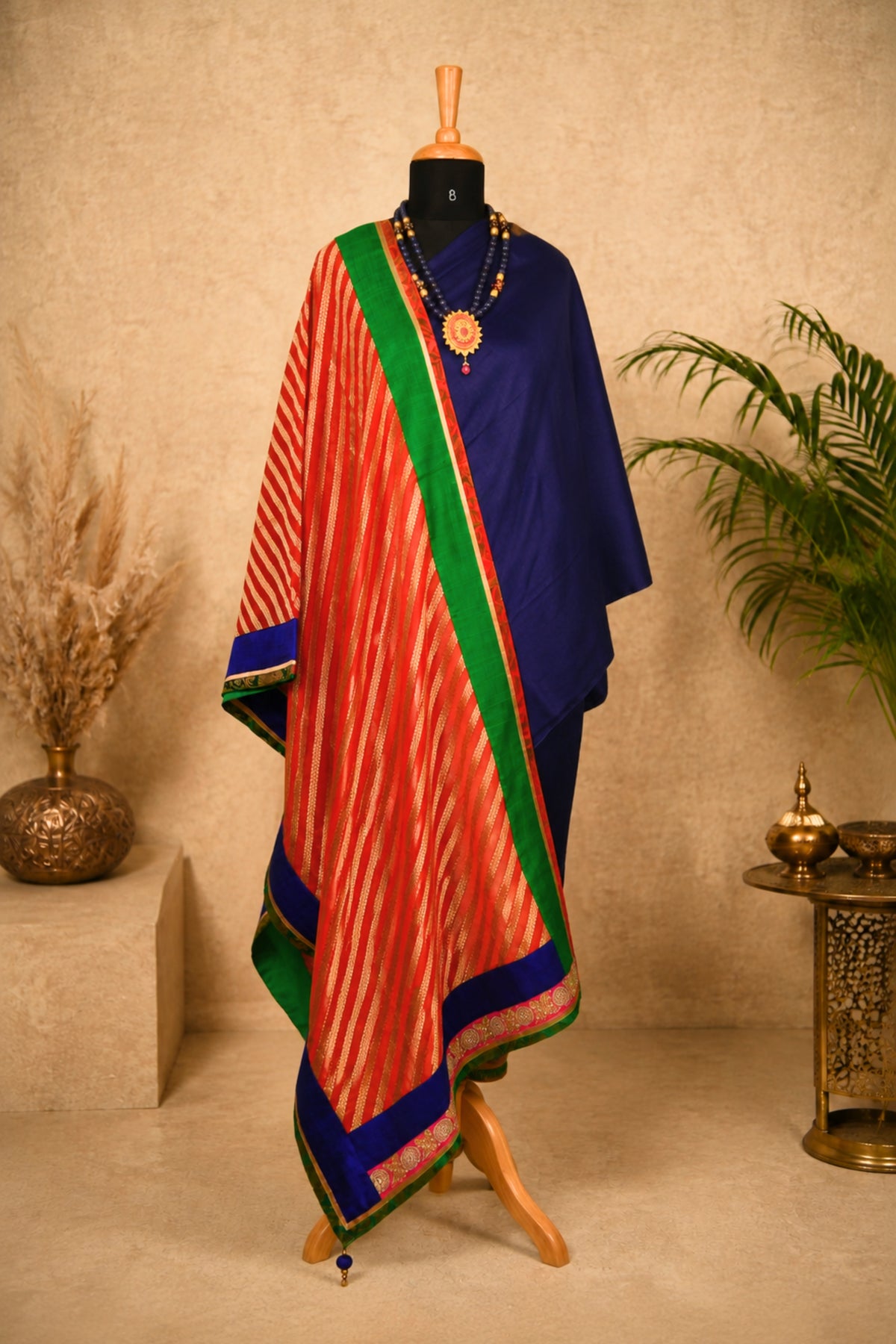 Navy Blue Taby Silk Unstitched Suit Set with Red Leheriya Banarasi Dupatta