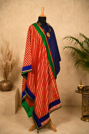 Navy Blue Taby Silk Unstitched Suit Set with Red Leheriya Banarasi Dupatta