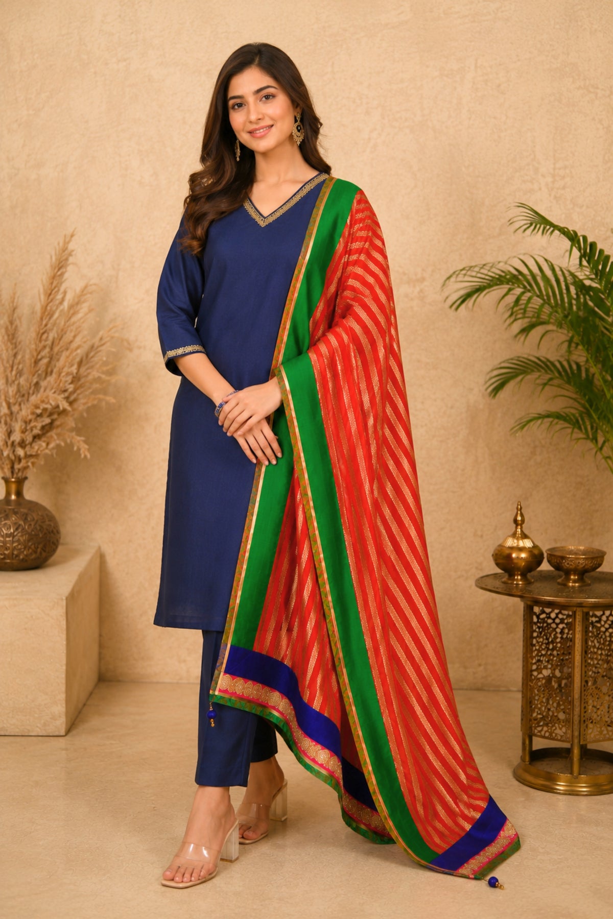 Navy Blue Taby Silk Unstitched Suit Set with Red Leheriya Banarasi Dupatta