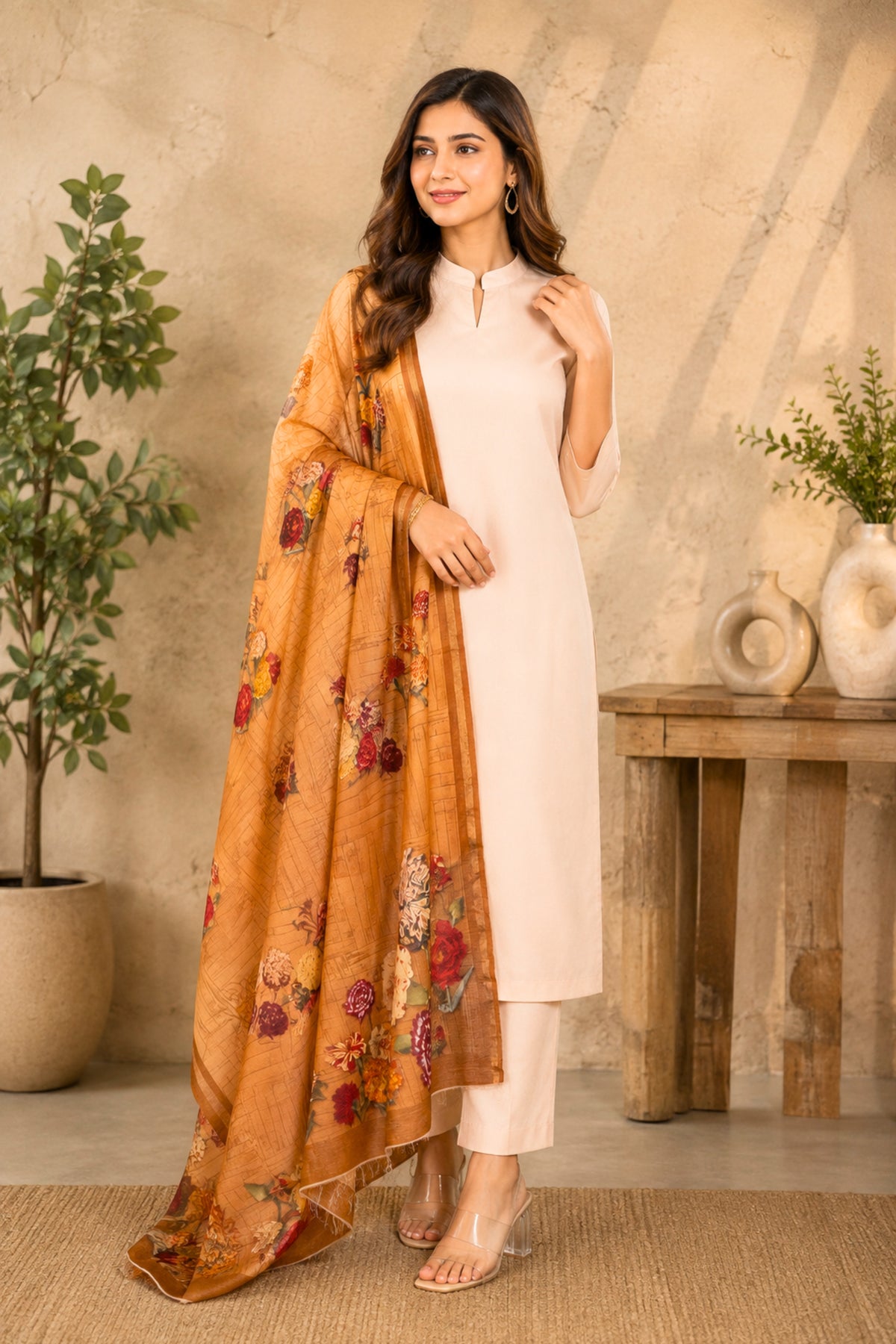 Oyster Beige Crepe Silk Unstitched Suit Set with Floral Digital Print Moonga Silk Dupatta