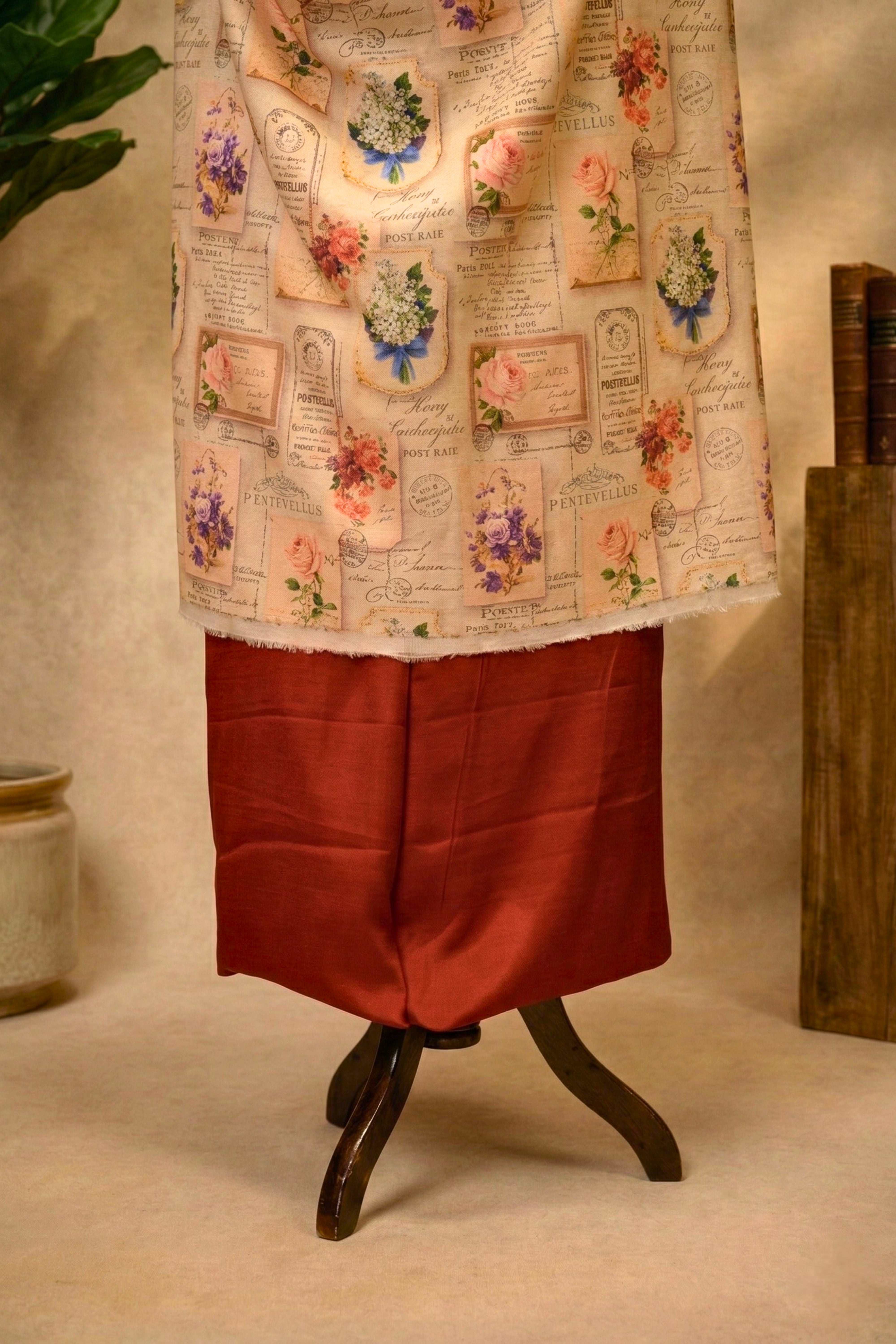 Vintage Floral & Burgundy Swiss Cotton Unstitched Material