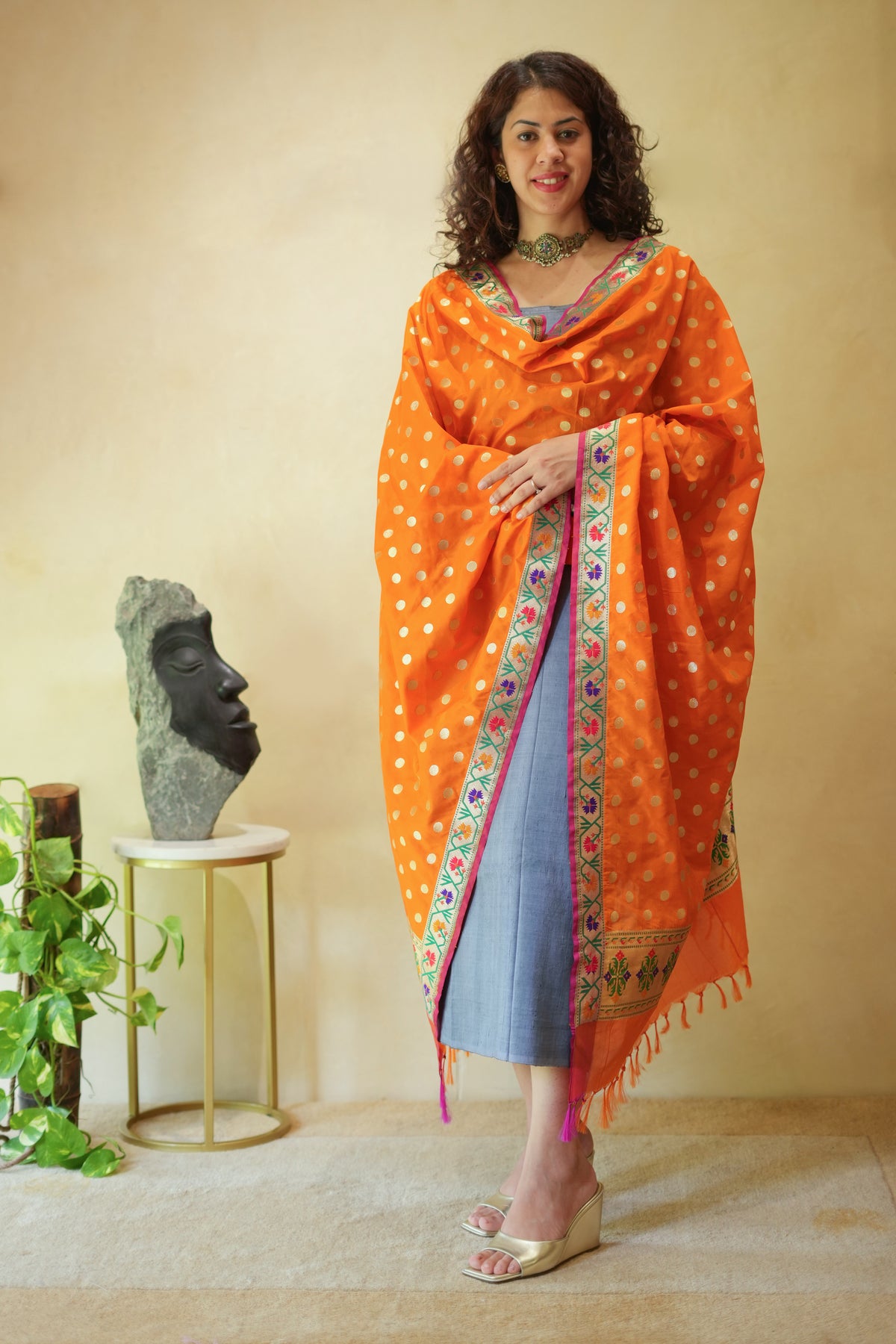 Grey Unstitched Silk Suit Set with Vibrant Orange Paithani Dupatta