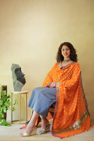 Grey Unstitched Silk Suit Set with Vibrant Orange Paithani Dupatta