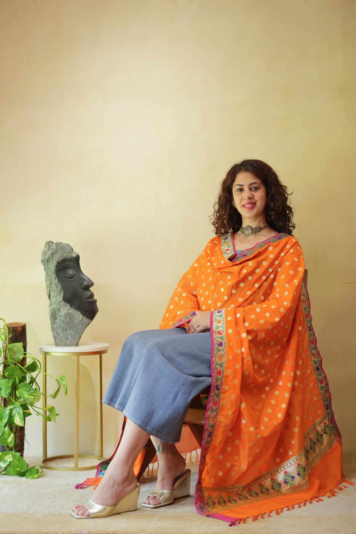 Grey Unstitched Silk Suit Set with Vibrant Orange Paithani Dupatta