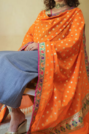 Grey Unstitched Silk Suit Set with Vibrant Orange Paithani Dupatta