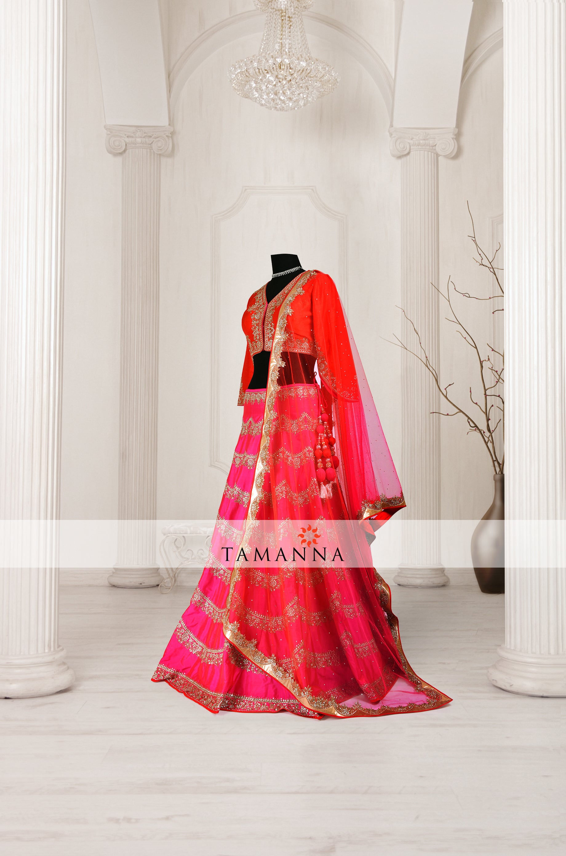 Fuscia pink and red shaded silk lehenga