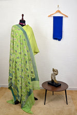 Light green and blue summer silk suit material with Banarasi chiffon dupatta
