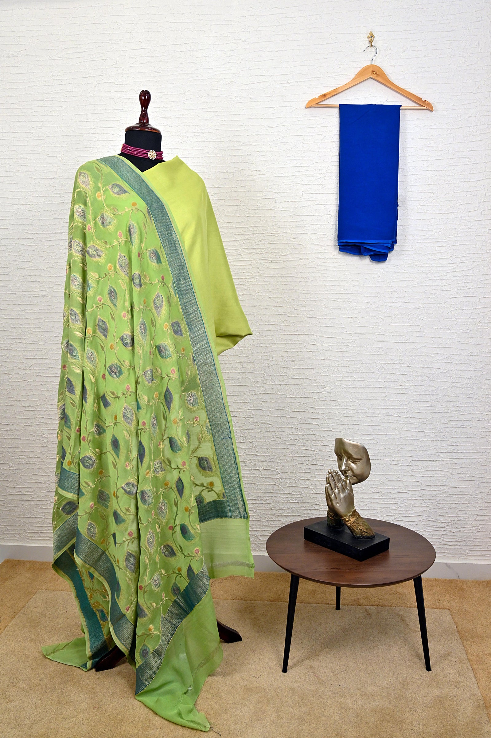 Light green and blue summer silk suit material with Banarasi chiffon dupatta