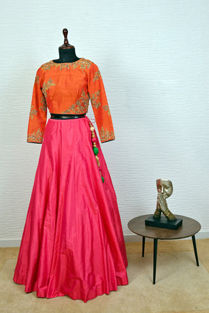 Orange and pink silk lehenga