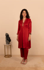 Scarlet red crepe satin kurta and pant