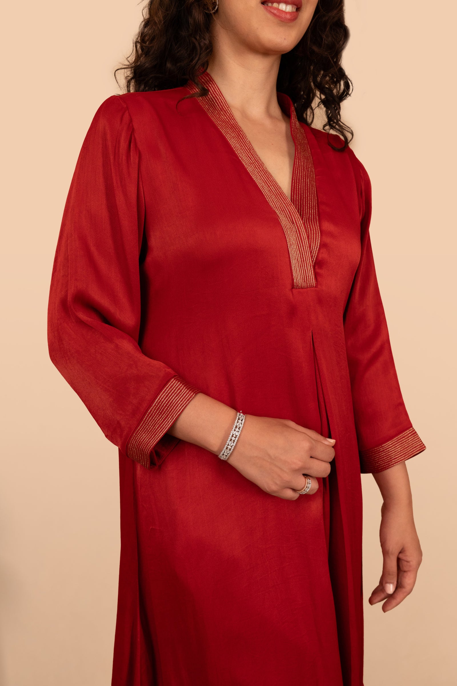 Scarlet red crepe satin kurta and pant