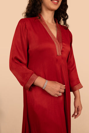 Scarlet red crepe satin kurta and pant