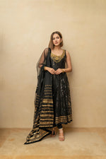 Black and gold self sequence work anarkali suit set