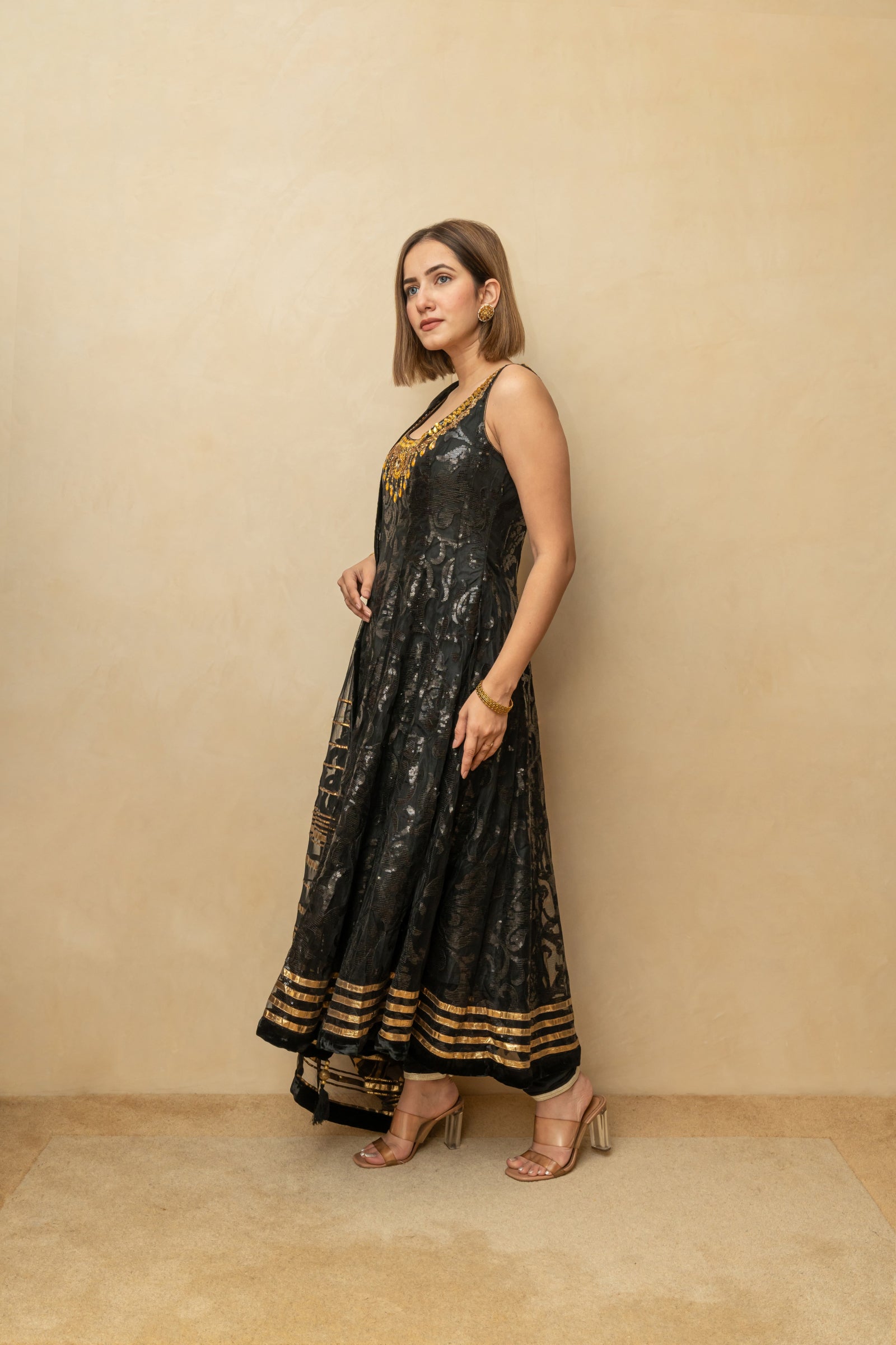Black and gold self sequence work anarkali suit set