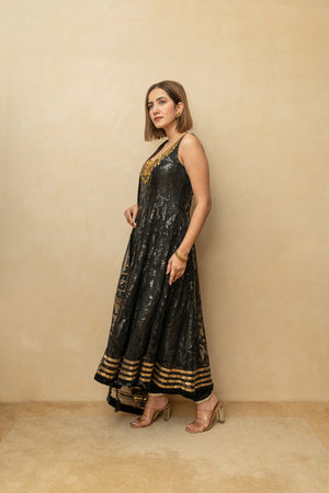 Black and gold self sequence work anarkali suit set
