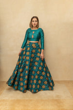 Contemporary teal blue resham silk blouse and skirt set