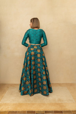 Contemporary teal blue resham silk blouse and skirt set