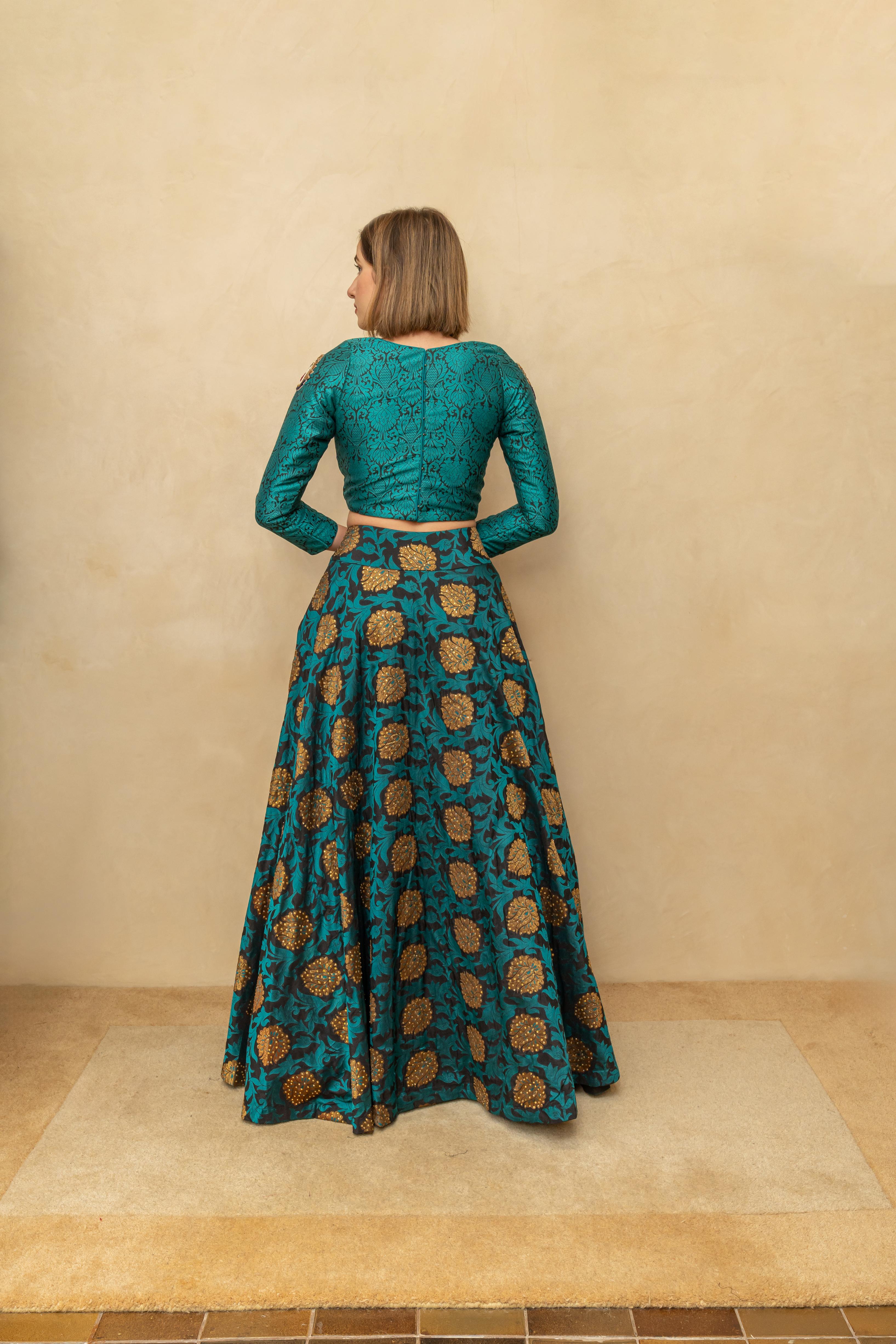 Contemporary teal blue resham silk blouse