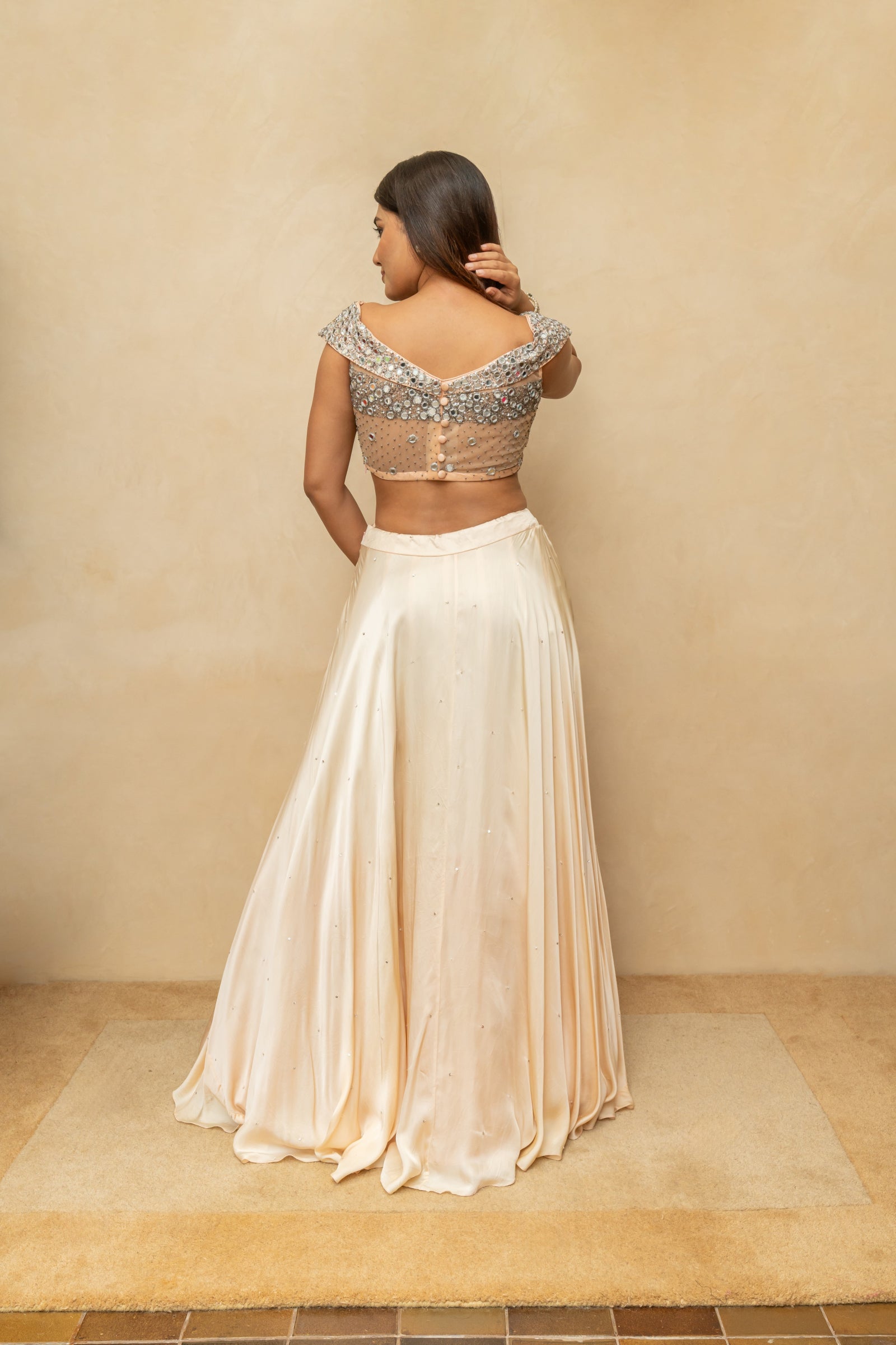 Champagne peach chunky mirror off shoulder lehenga