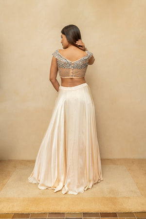 Champagne peach chunky mirror off shoulder lehenga