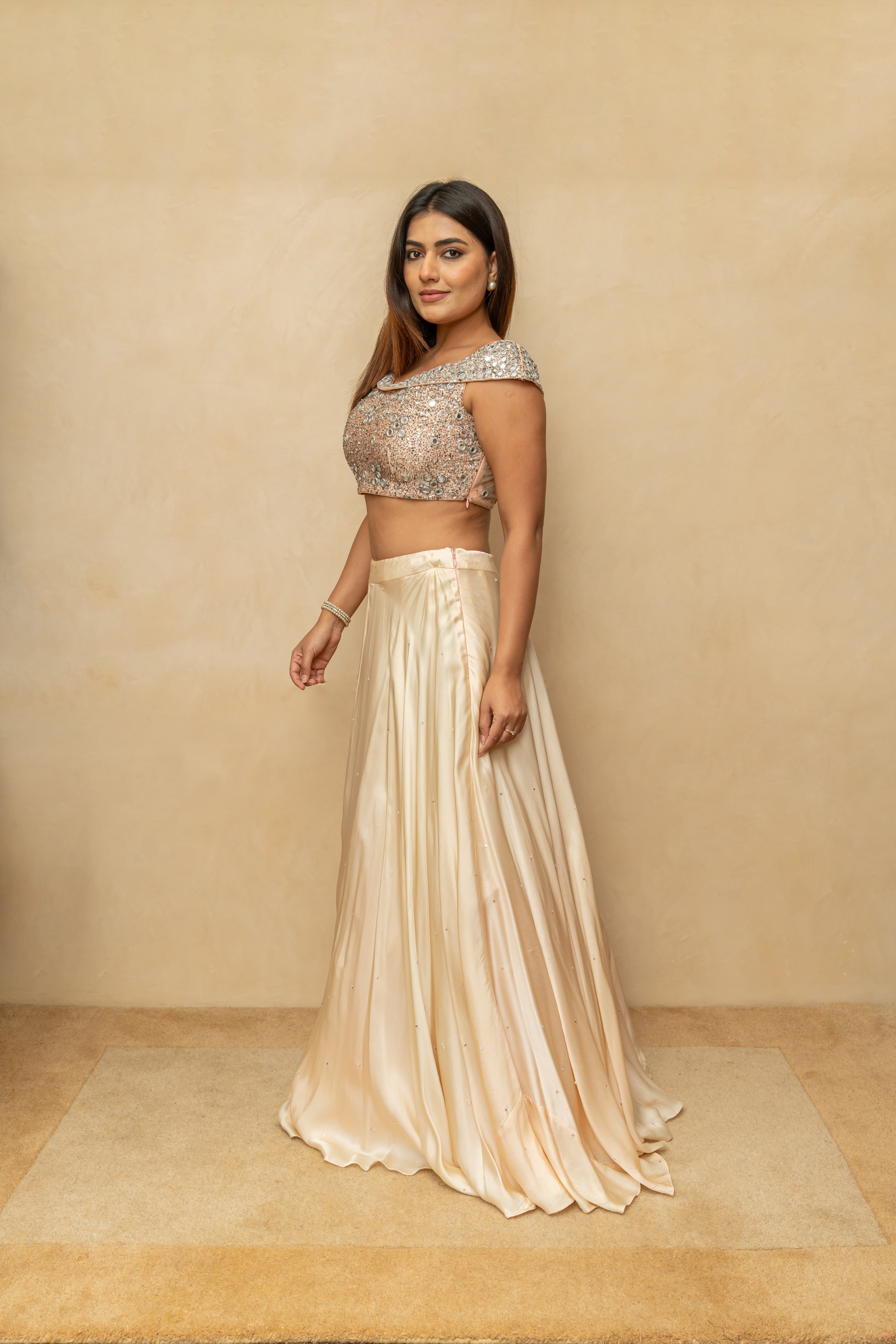 Champagne peach chunky mirror off shoulder lehenga