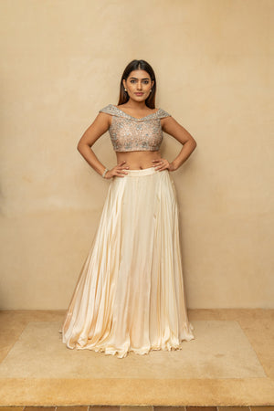Champagne peach chunky mirror off shoulder lehenga