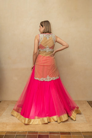 Hot pink and gold long blouse sheer lehenga set