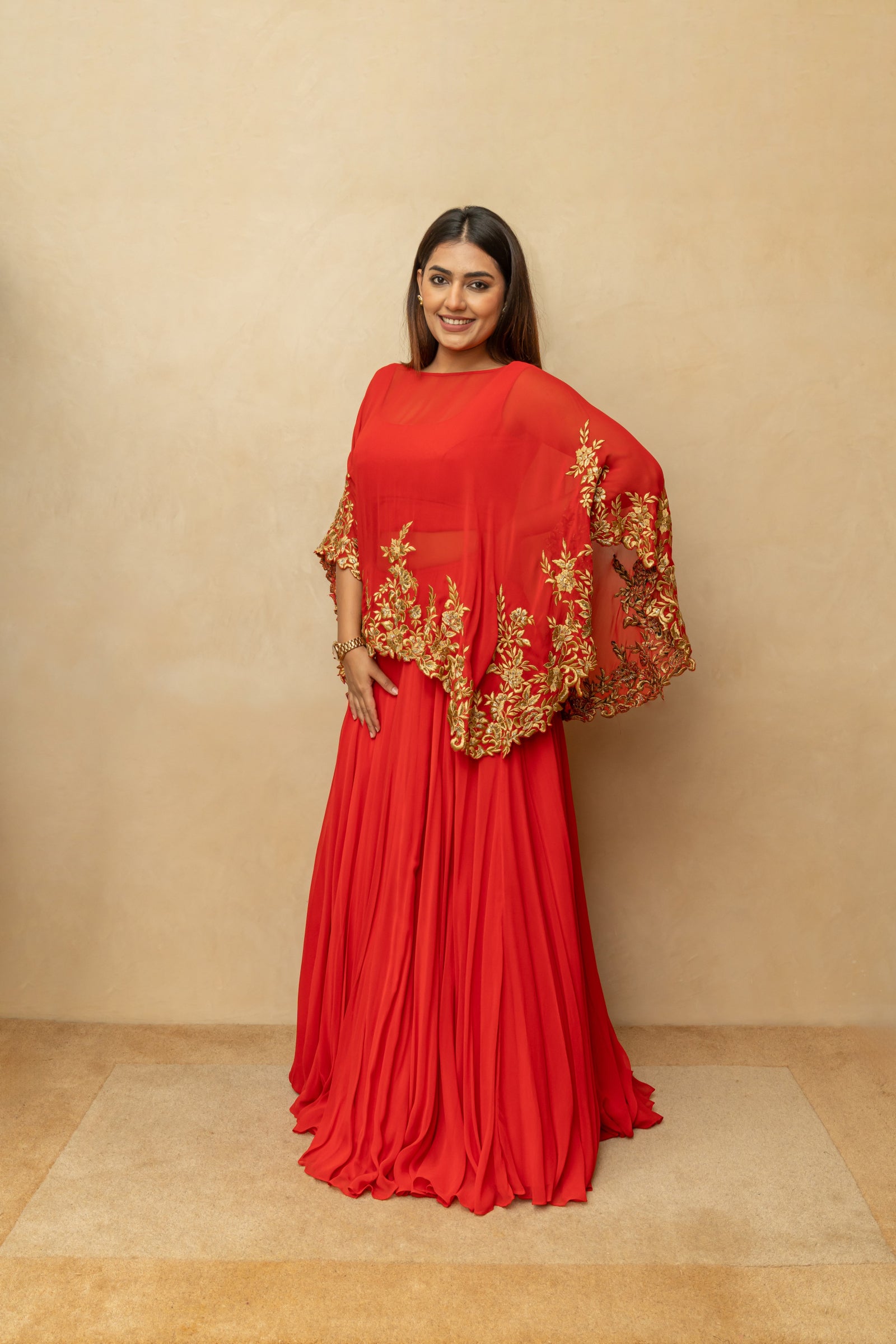 Rouge red cape style lehenga