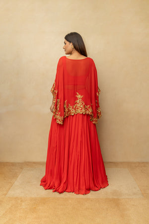 Rouge red cape style lehenga