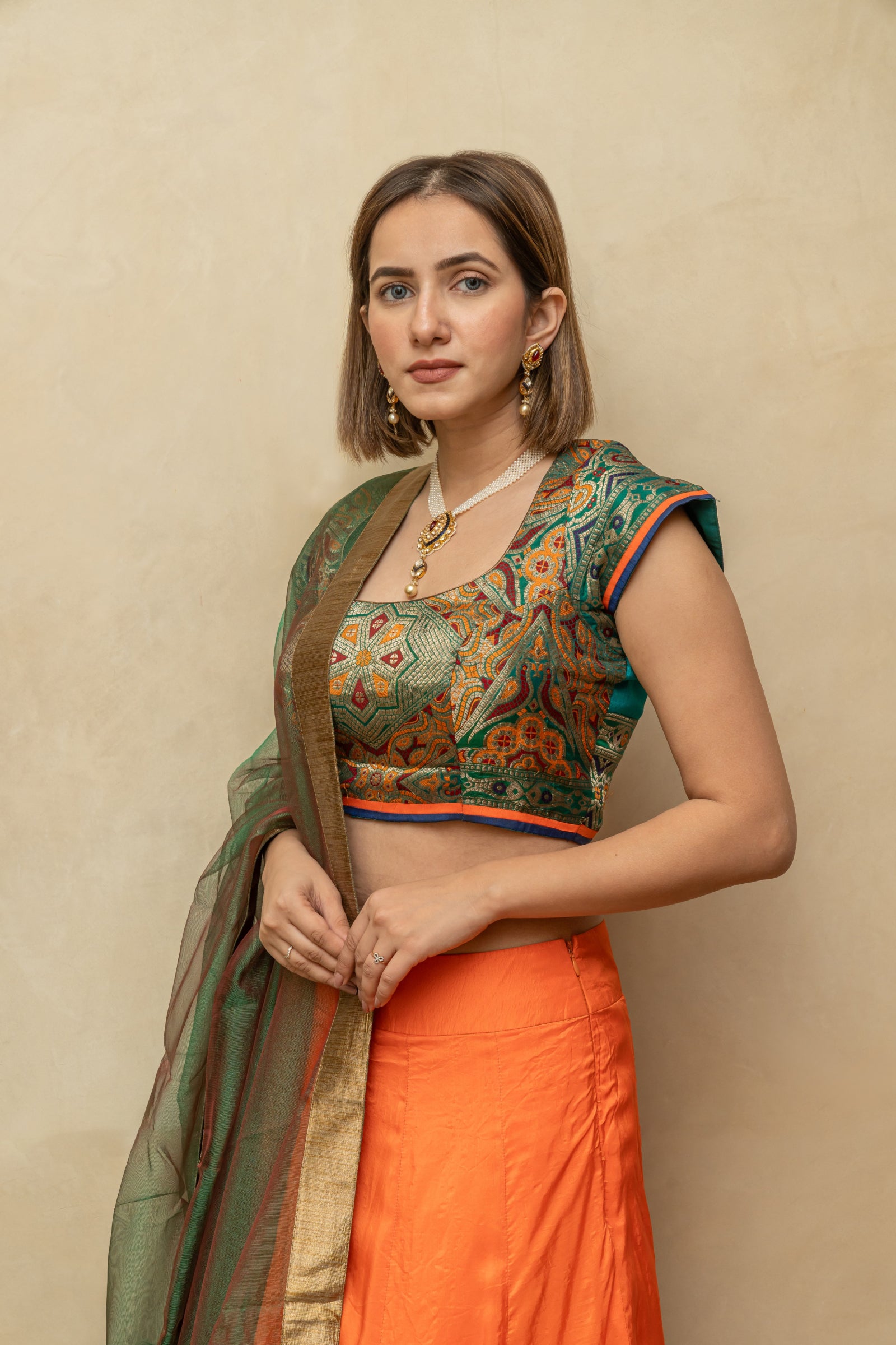 Rama and orange silk simple lehenga set