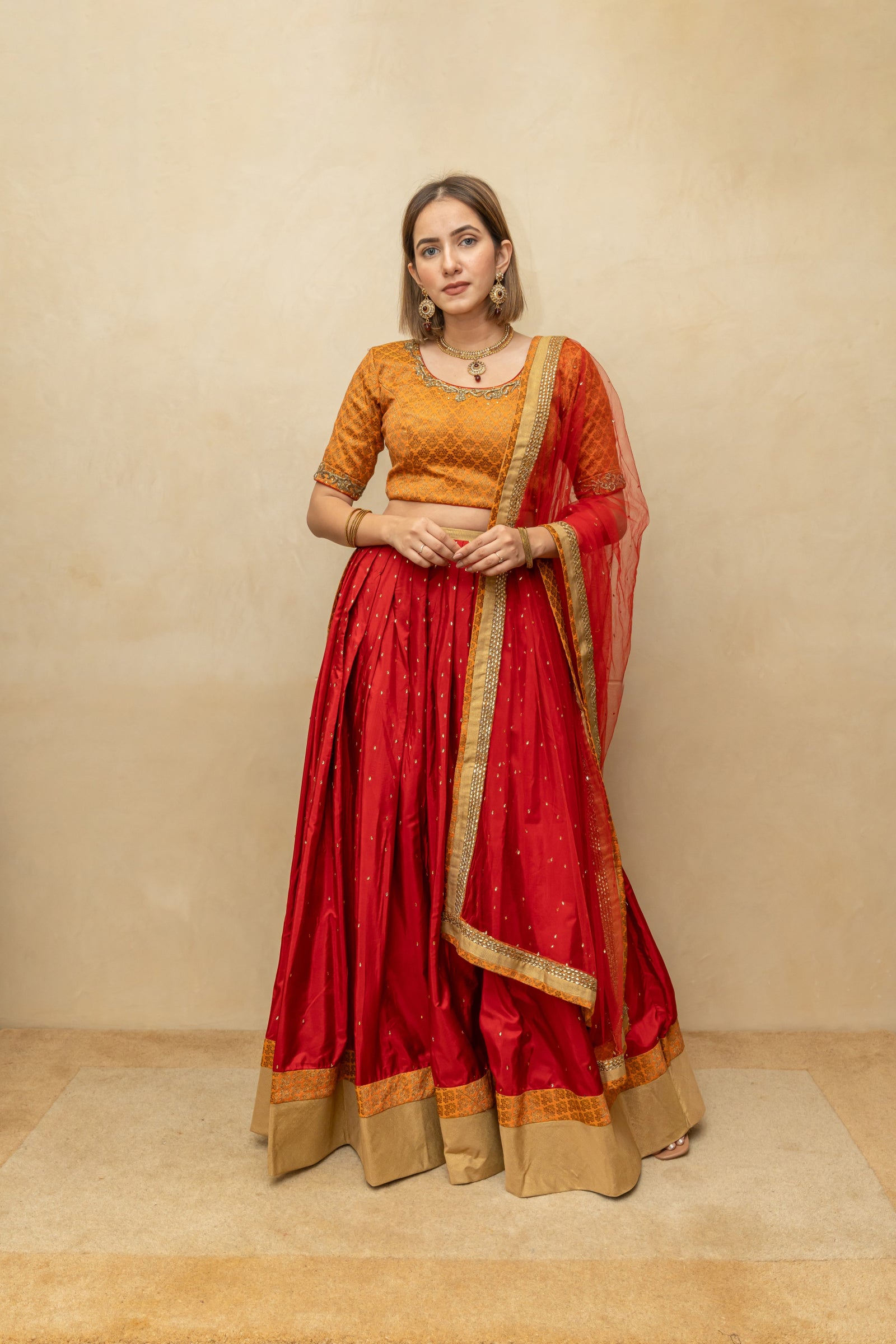 Orange and red silk lehenga set