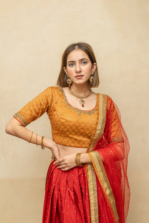 Orange and red silk lehenga set