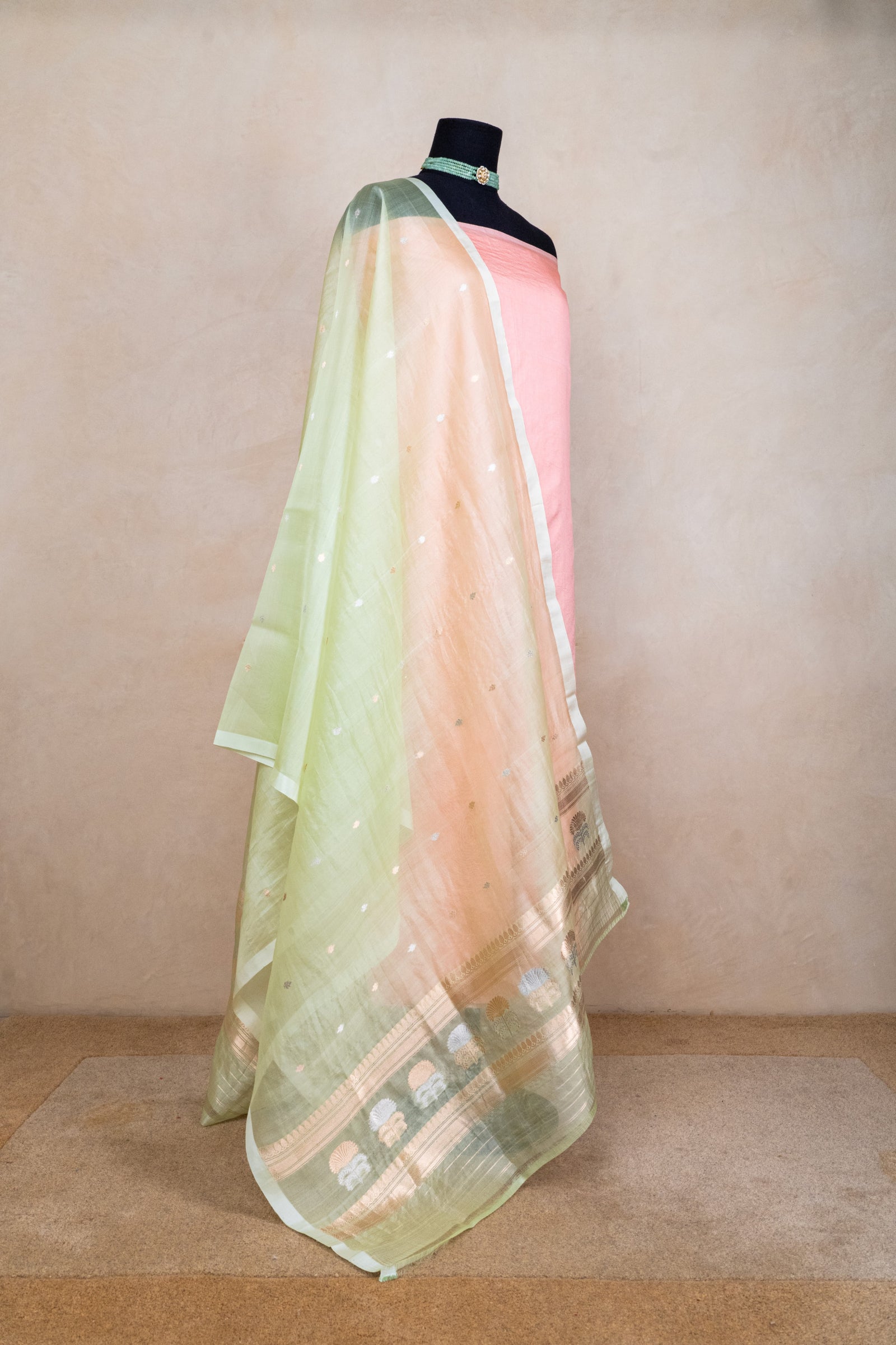 Peach and mint green silk suit set