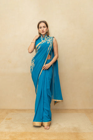 Peacock blue pre draped georgette saree and blouse set
