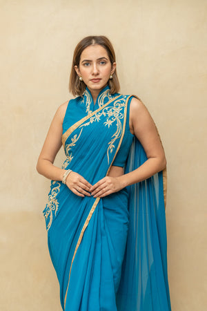 Peacock blue pre draped georgette saree and blouse set
